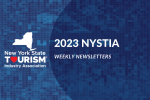 Blue pixel background with the NYSTIA logo on the left and the text 2023 NYSTIA Weekly Newsletters on the right