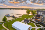 Aerial view of a hotel on a lake at sunrise/sunset