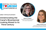 Speaker announcement for the 2025 NYS Tourism Conference with headshots of two young white woman