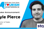 Speaker announcement for the 2025 NYS Tourism Conference with headshot of a young white man with dark hair
