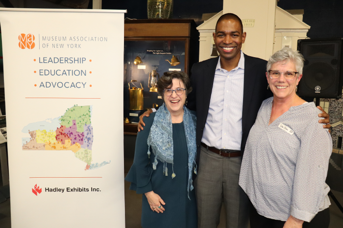 MANY Executive Director Erika Sanger with Congressman Antonio Delgado (NY-19) and Hudson River Maritime Museum Executive Director Lisa Cline at the Smithsonian Museum on Main Street Water/Ways traveling exhibition in 2019 